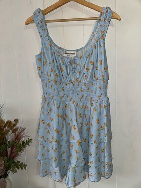 No Boundaries Light Blue Floral Tiered Romper  with Yellow Blossoms size medium